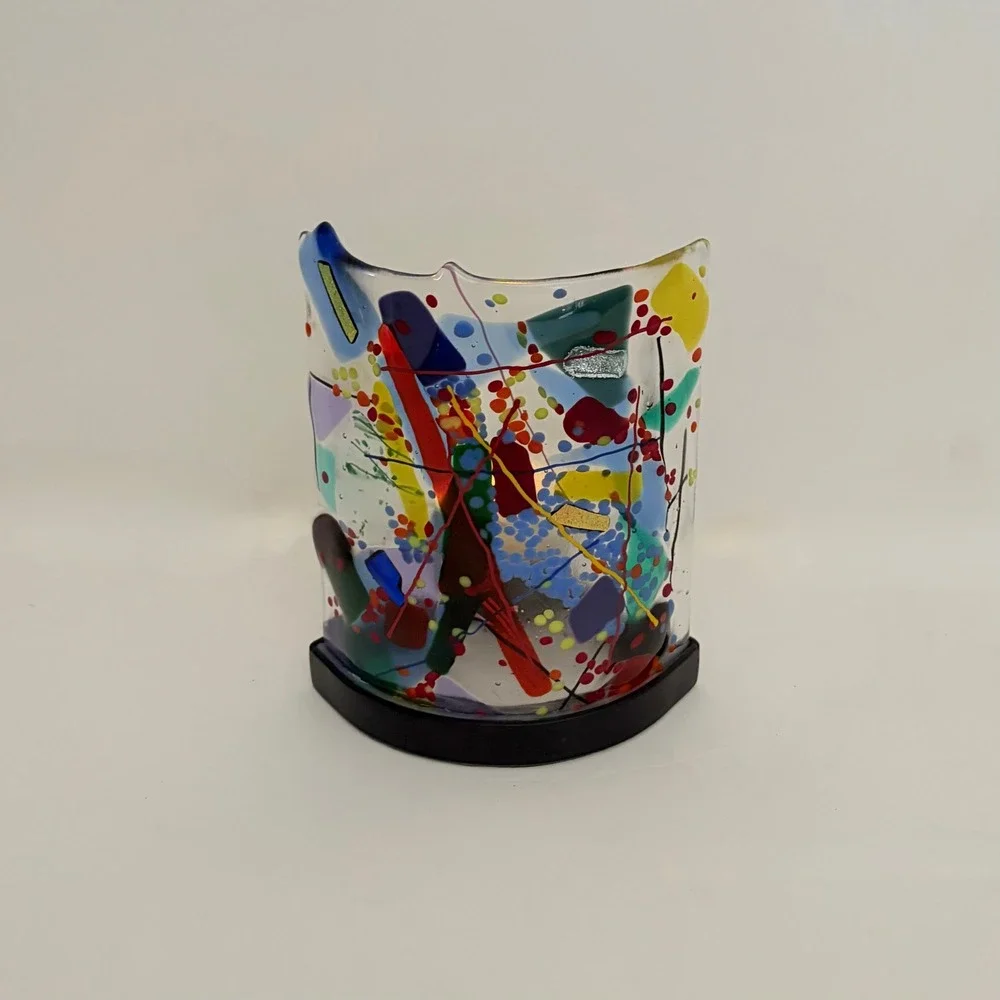 Signed Fused ART GLASS Candle Holder Abstract Multicolor Metal Stand Colorful